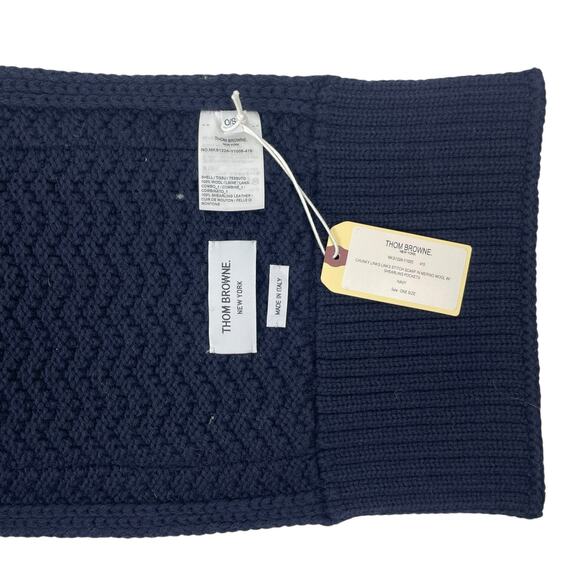 Thom Browne Shearling Trimmed Knit Wool Scarf Navy Blue Men 85" - Picture 7 of 9